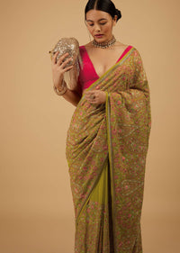 Festive Burnished Citrus Green Saree Kashmiri Embroidered In Georgette