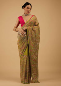 Festive Burnished Citrus Green Saree Kashmiri Embroidered In Georgette