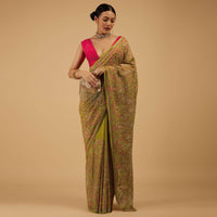 Festive Burnished Citrus Green Saree Kashmiri Embroidered In Georgette