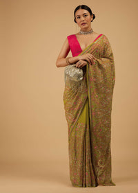 Festive Burnished Citrus Green Saree Kashmiri Embroidered In Georgette