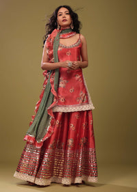 Festive Salmon Red Palazzo Suit Set In Silk With A Fancy Frill Dupatta