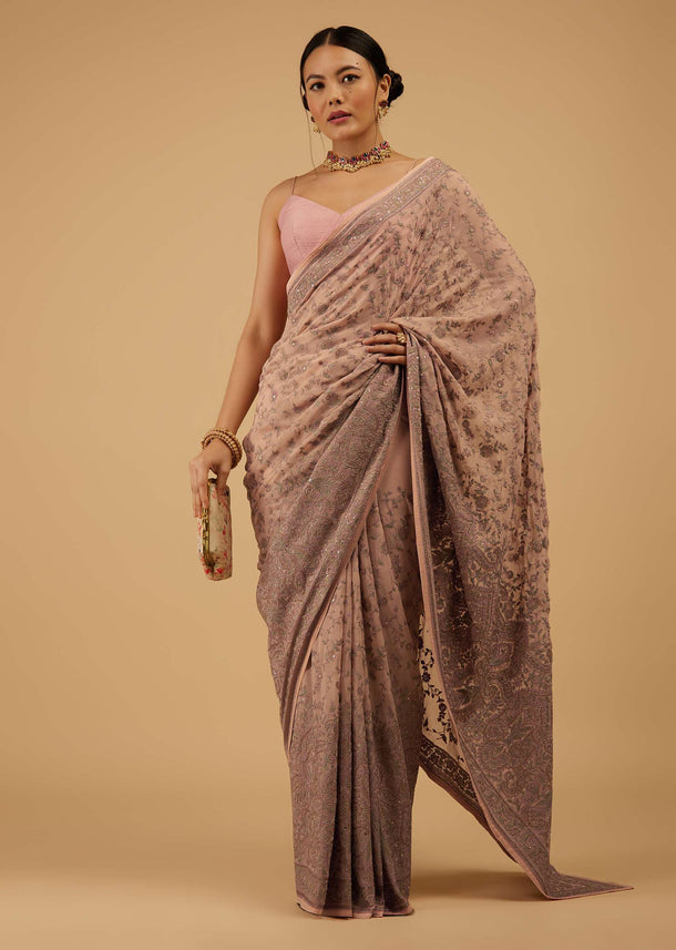 Powder Rose Pink Saree Kashmiri Floral Embroidered In Georgette