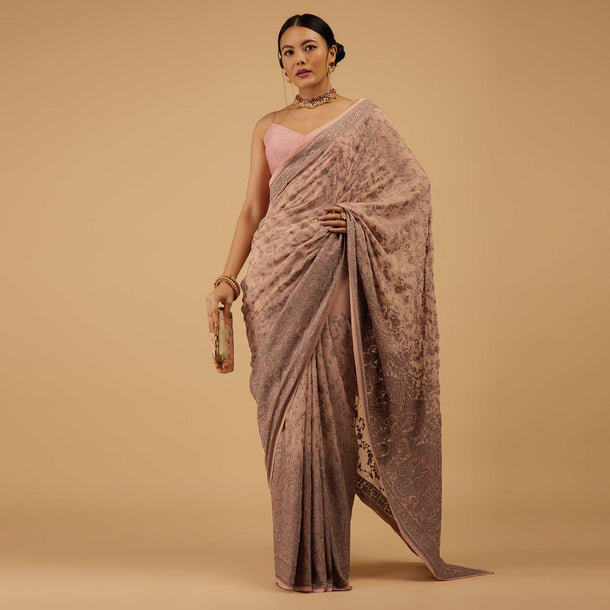 Powder Rose Pink Saree Kashmiri Floral Embroidered In Georgette