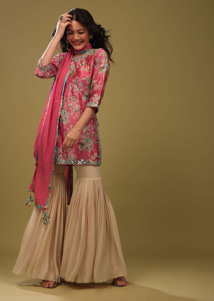 Festive Fuschia Pink Sharara Suit Set In Silk With Floral Print And Embroidery
