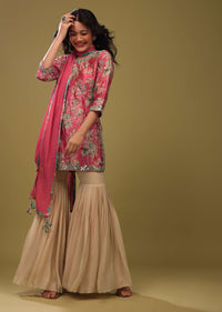 Festive Fuschia Pink Sharara Suit Set In Silk With Floral Print And Embroidery