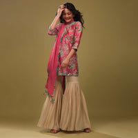Festive Fuschia Pink Sharara Suit Set In Silk With Floral Print And Embroidery