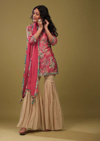 Festive Fuschia Pink Sharara Suit Set In Silk With Floral Print And Embroidery