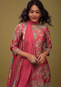 Festive Fuschia Pink Sharara Suit Set In Silk With Floral Print And Embroidery