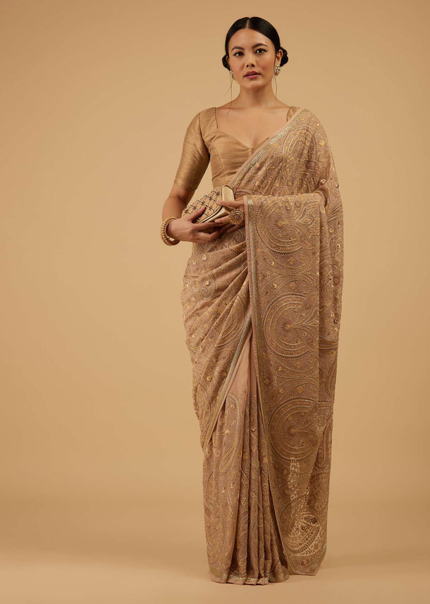 Beige Brown Saree Kashmiri Embroidered In Georgette