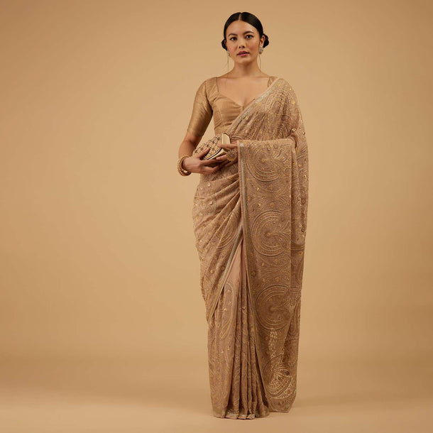 Beige Brown Saree Kashmiri Embroidered In Georgette