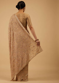 Beige Brown Saree Kashmiri Embroidered In Georgette