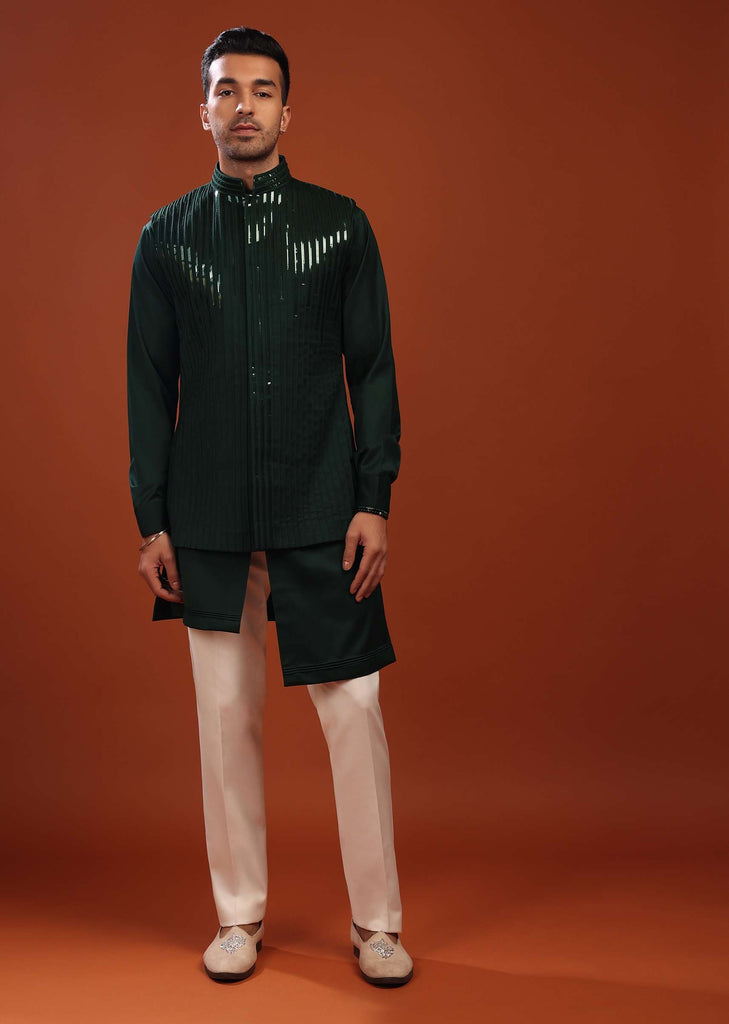 Forest Green Sherwani Set For Groomsmen In Mini Silk