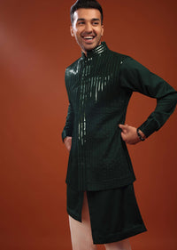 Forest Green Sherwani Set For Groomsmen In Mini Silk