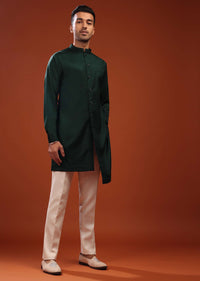 Forest Green Sherwani Set For Groomsmen In Mini Silk