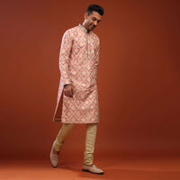 Salmon Pink Kurta Set In Bangalore Silk With Embroidered Florals