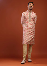 Salmon Pink Kurta Set In Bangalore Silk With Embroidered Florals