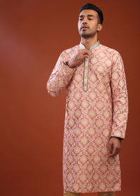 Salmon Pink Kurta Set In Bangalore Silk With Embroidered Florals