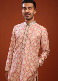 Salmon Pink Kurta Set In Bangalore Silk With Embroidered Florals