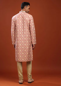 Salmon Pink Kurta Set In Bangalore Silk With Embroidered Florals