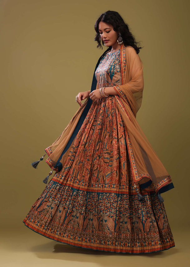 Festive Multicolor Anarkali Suit In Ajrakh Handblock Print & Embroidery