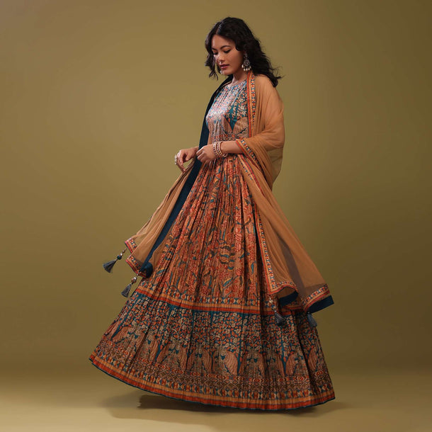 Festive Multicolor Anarkali Suit In Ajrakh Handblock Print & Embroidery