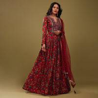 Festive Multicolor Anarkali Suit In Floral Print & Embroidery