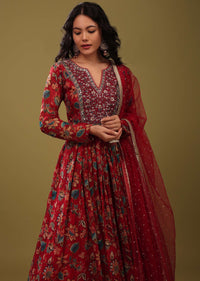 Festive Multicolor Anarkali Suit In Floral Print & Embroidery