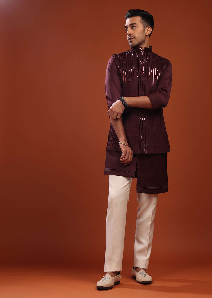 Wine Red Sherwani Set For Groomsmen In Mini Silk