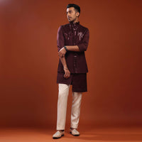 Wine Red Sherwani Set For Groomsmen In Mini Silk