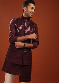 Wine Red Sherwani Set For Groomsmen In Mini Silk