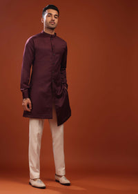 Wine Red Sherwani Set For Groomsmen In Mini Silk