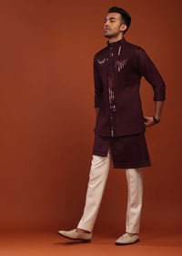 Wine Red Sherwani Set For Groomsmen In Mini Silk