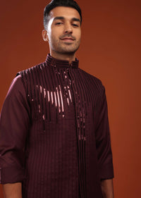 Wine Red Sherwani Set For Groomsmen In Mini Silk