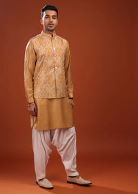 Powder Orange Bandi Jacket Set In Pashmina Cotton With Paisley Block Print