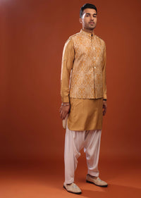 Powder Orange Bandi Jacket Set In Pashmina Cotton With Paisley Block Print