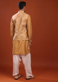 Powder Orange Bandi Jacket Set In Pashmina Cotton With Paisley Block Print