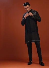 Black Bandi Jacket Set In Mysore Silk With Mirror Embroidery