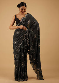 Festive Pirate Black Bandhani Saree Embroidered In Muslin