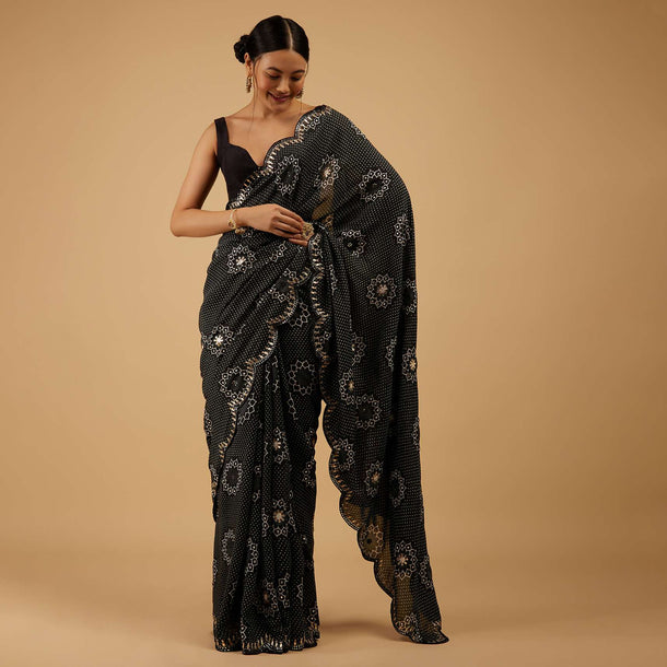 Festive Pirate Black Bandhani Saree Embroidered In Muslin