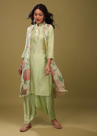 Festive Pista Green Princess Kurta With Cowl Pants And An Embroidered Floral Jacket