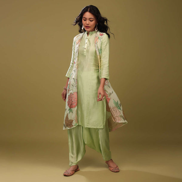 Festive Pista Green Princess Kurta With Cowl Pants And An Embroidered Floral Jacket