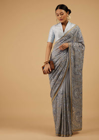 Powder Blue Saree Kashmiri Embroidered In Georgette