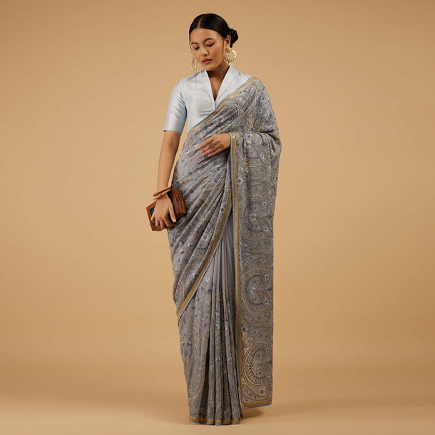 Powder Blue Saree Kashmiri Embroidered In Georgette