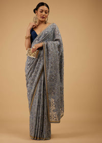 Festive Fog Grey Saree Kashmiri Floral Embroidered In Georgette