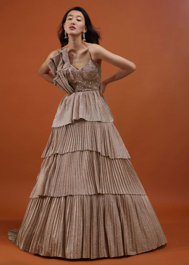 Kalki Festive Silver Pink Tiered Gown In Crush With Embroidery
