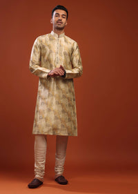 Daffodils Yellow Kurta Set In Bangalore Silk With Print And Brocade Weave Buttis