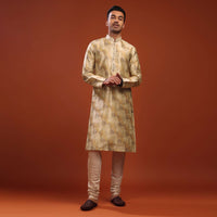 Daffodils Yellow Kurta Set In Bangalore Silk With Print And Brocade Weave Buttis