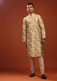 Daffodils Yellow Kurta Set In Bangalore Silk With Print And Brocade Weave Buttis