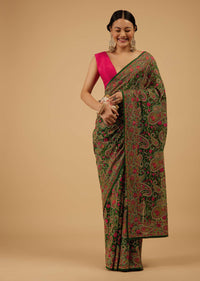 Deep Green Saree Kashmiri Embroidered In Georgette