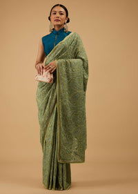 Festive Pista Green Saree Kashmiri Embroidered In Georgette